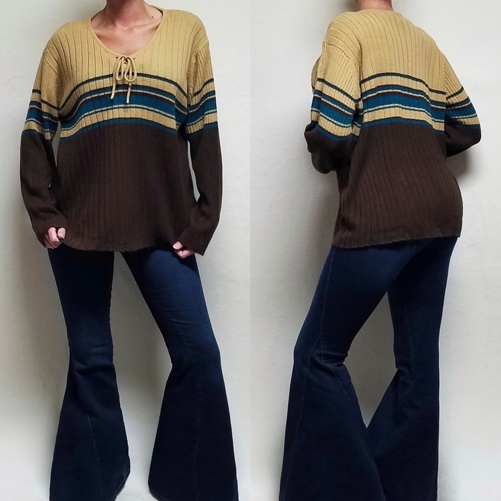 90s Vintage Derek Heart Brown Turquoise Colorblock Tie-Neck Plus Size Sweater 2X